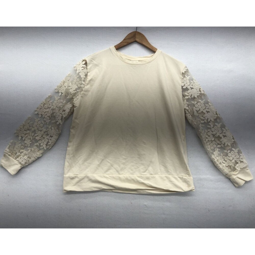 A New Day Womens Sweatshirt Size Large Cream Floral Lace Sleeves Crew Neck